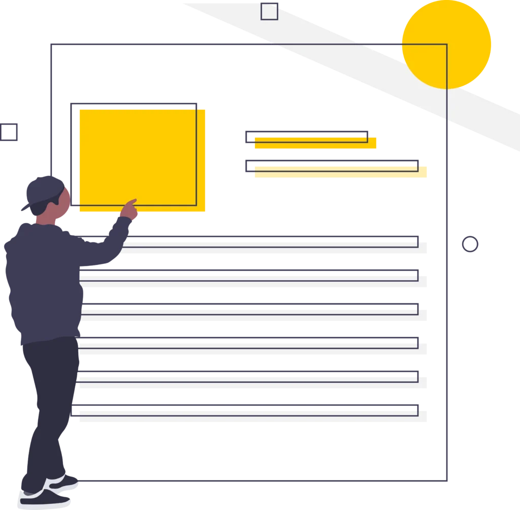 A-person-pointing-at-empty-webpage-layout-with-yellow-boxes