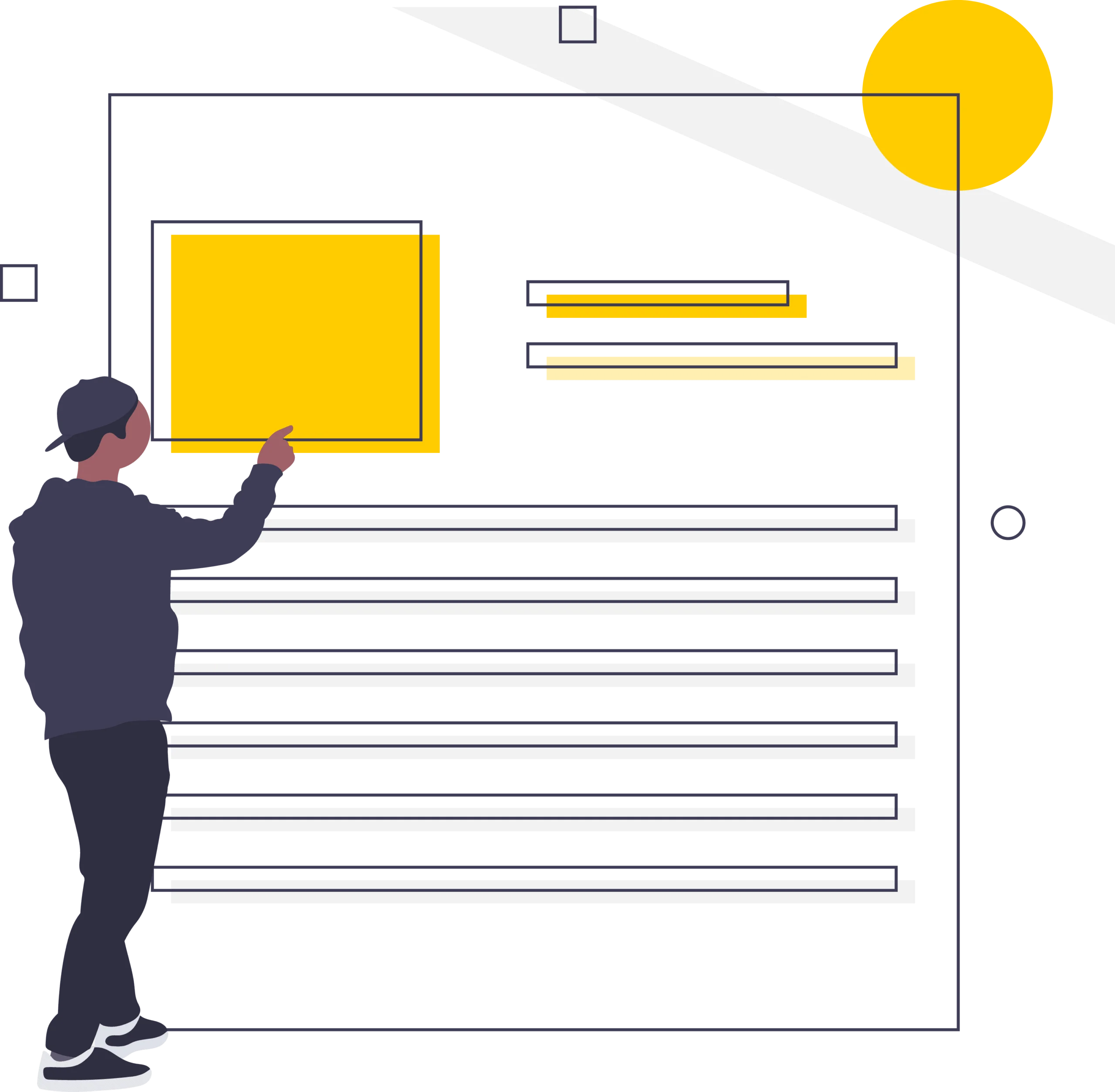 A-person-pointing-at-empty-webpage-layout-with-yellow-boxes