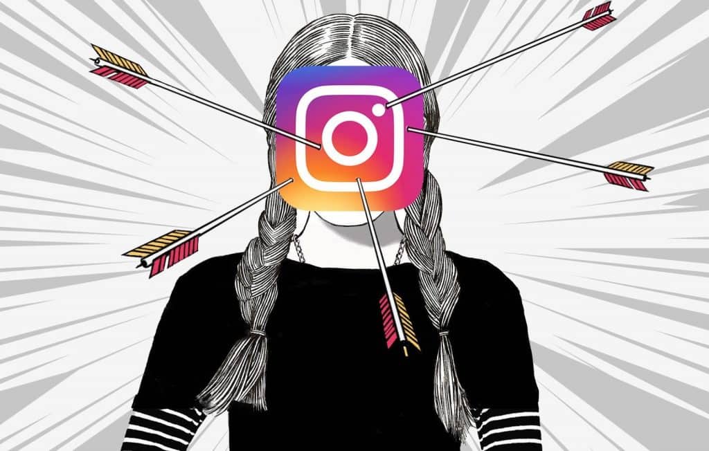 Cancel Culture cartoon with a girl with pigtails with an Instagram logo over her face with arrows sticking out of it