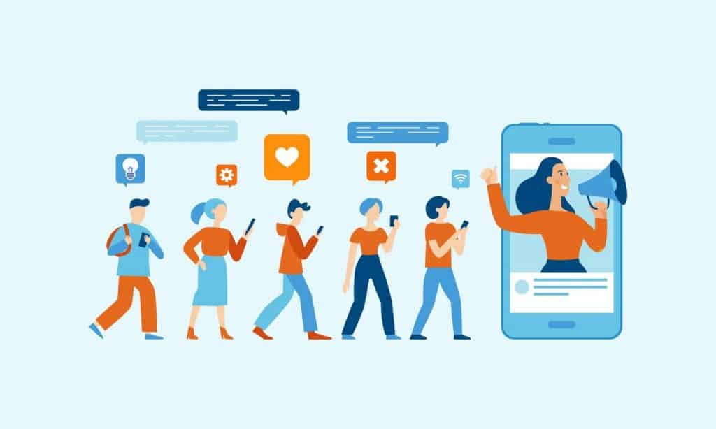 Cartoon on a blue background of four people walking along in a line looking at their phones with social media icons and then a woman with a megaphone coming out of a phone