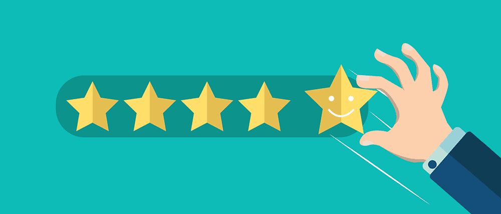 Cartoon on a green background of a hand putting down a smiling star to make up a five star review 