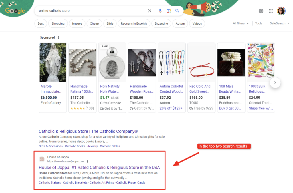 SERPs when searching “online Catholic store”