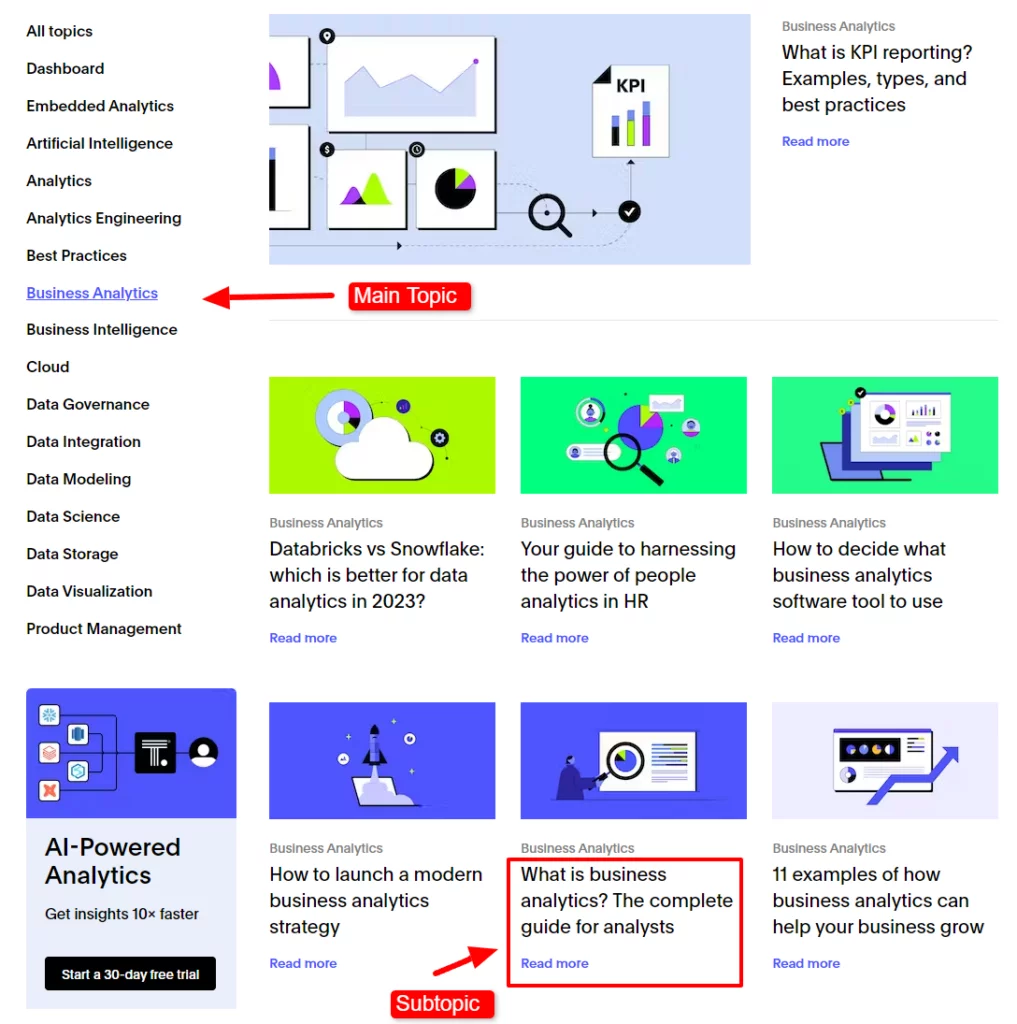 ThoughtSpot’s main topics and subtopics