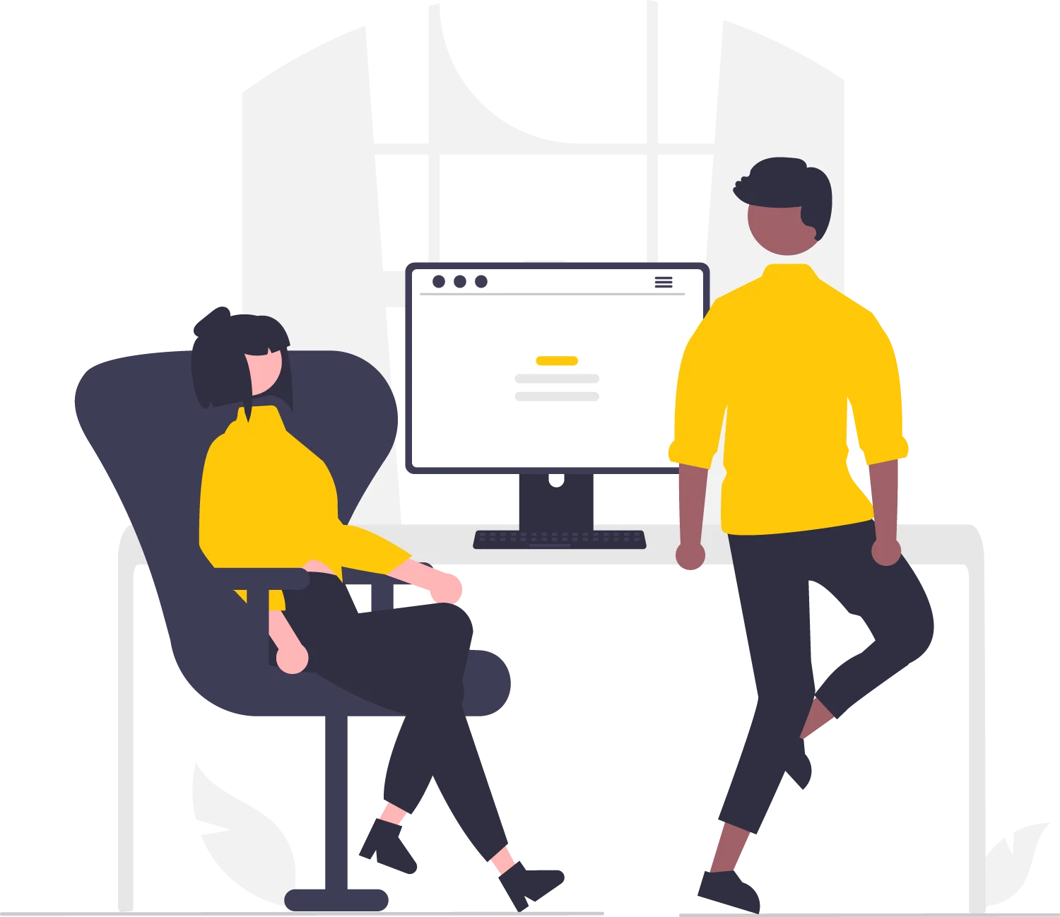 Two-people-interacting-with-computer,-one-sitting-and-one-standing