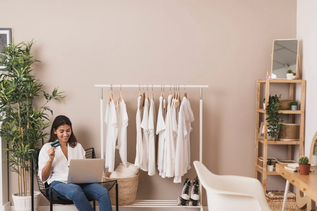 Woman holding credit card working laptop 23