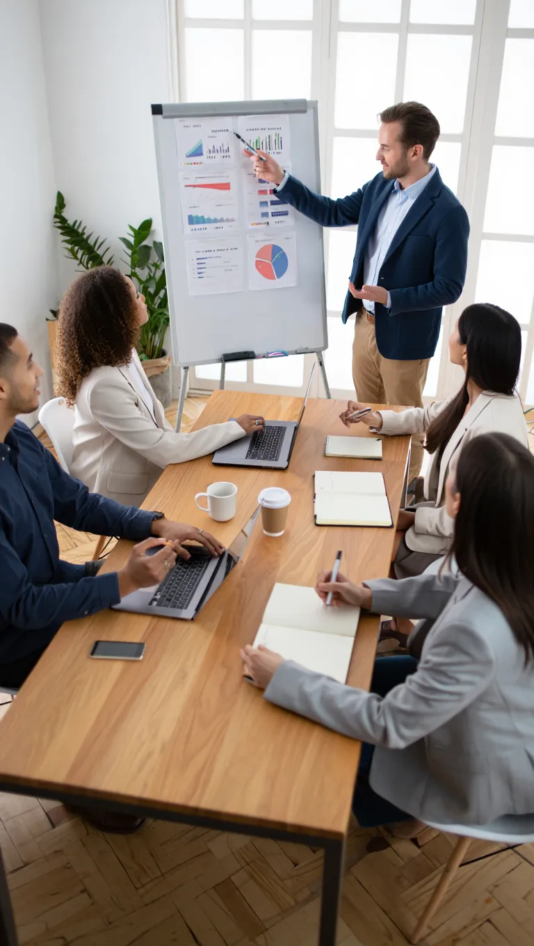 Marketing consultant presenting ad copy performance charts and conversion metrics on flipchart to construction marketing team