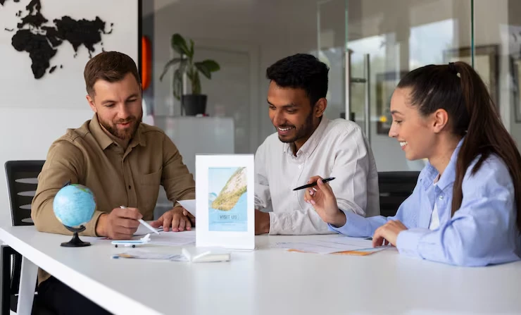 Award-winning SEO agency team planning German market strategy with world map and business documents