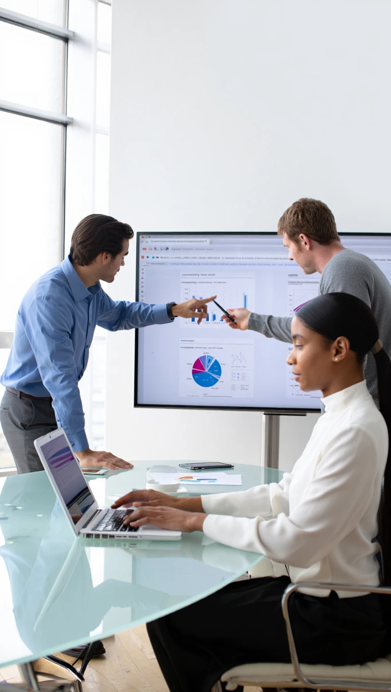 Marketing strategist explaining bid optimization data and budget scaling metrics on large screen to construction marketing team