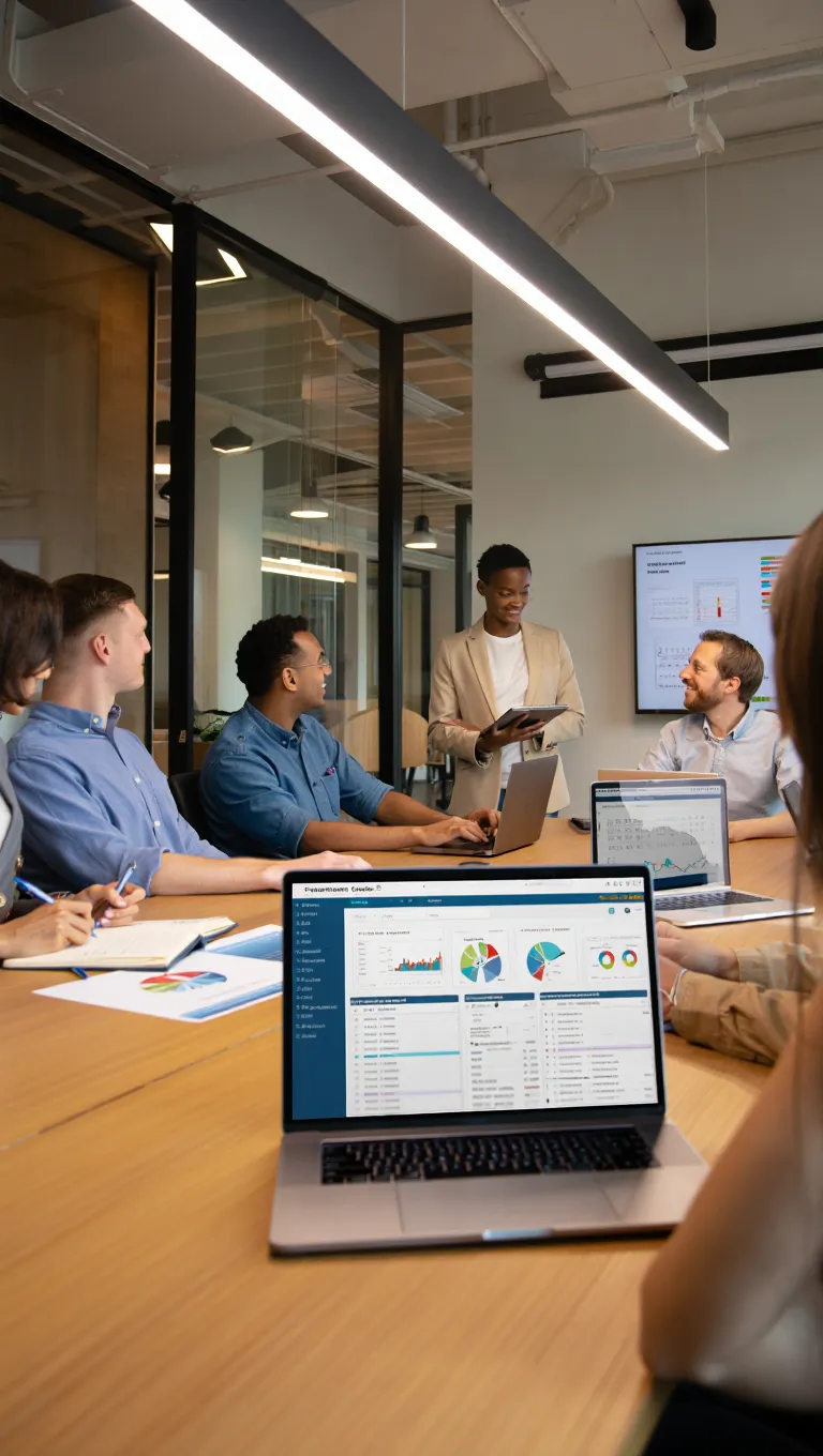 Marketing analyst presenting campaign tracking dashboard with call recording metrics and lead attribution data to construction team