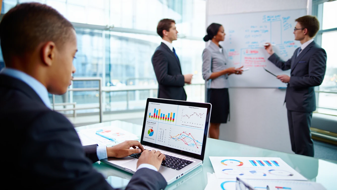 SEO analyst conducting competitor link gap analysis using analytics dashboard while team strategizes in background