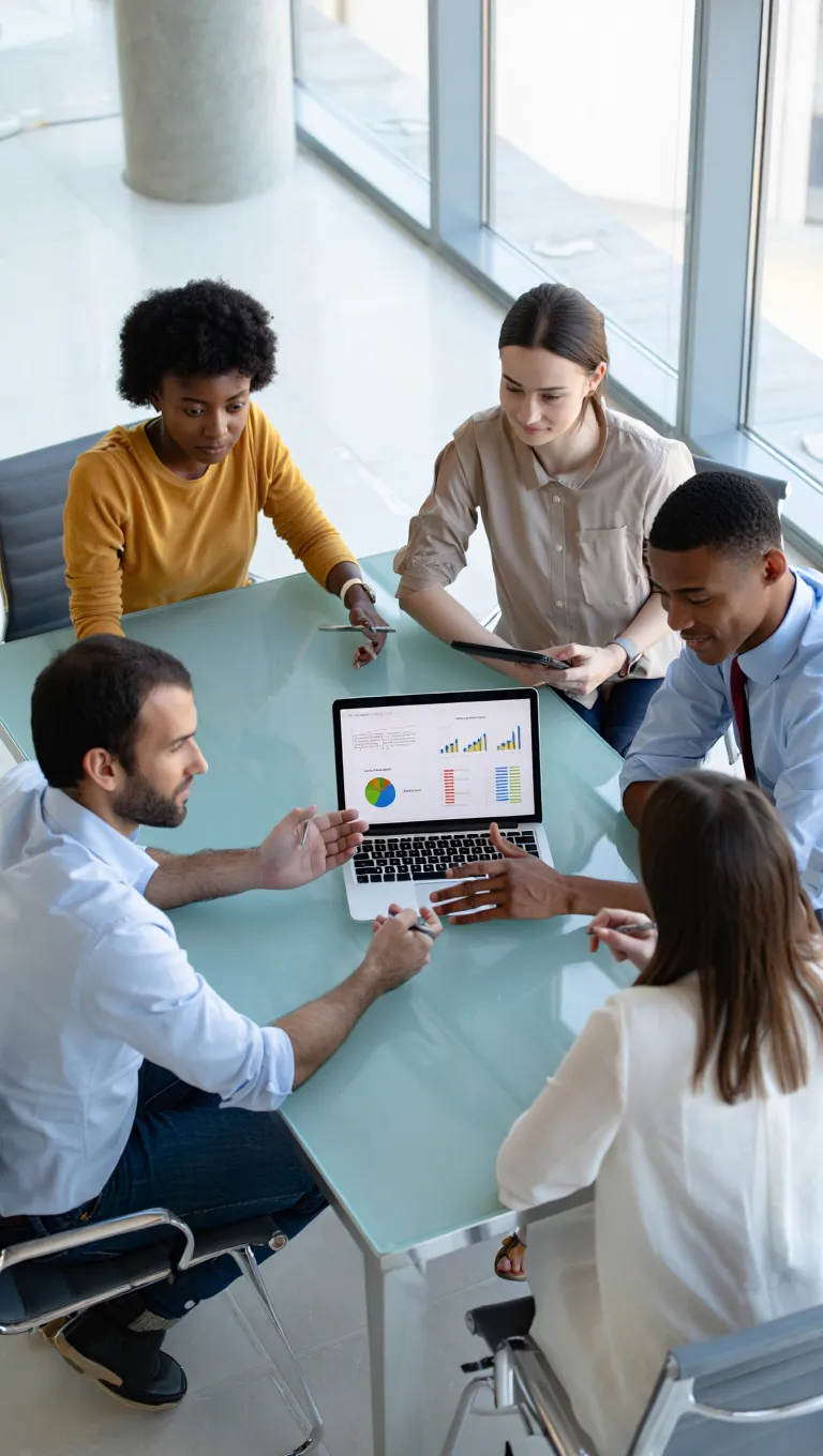 Marketing team analyzing conversion funnel data and lead intake metrics displayed on laptop during CRO strategy session