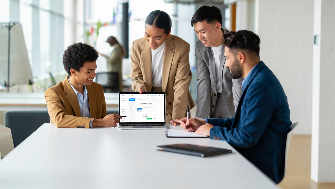 Marketing consultant explaining Google Ads account structure to client while pointing at campaign setup on laptop screen