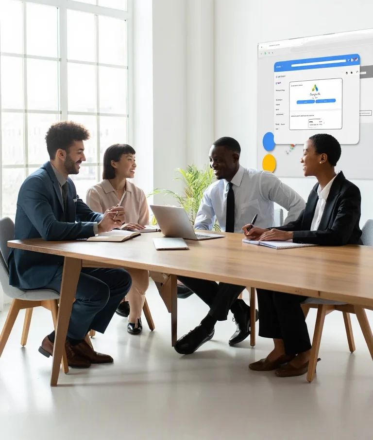 Marketing team reviewing Google Ads interface and landing page design displayed on wall-mounted screen during strategy meeting