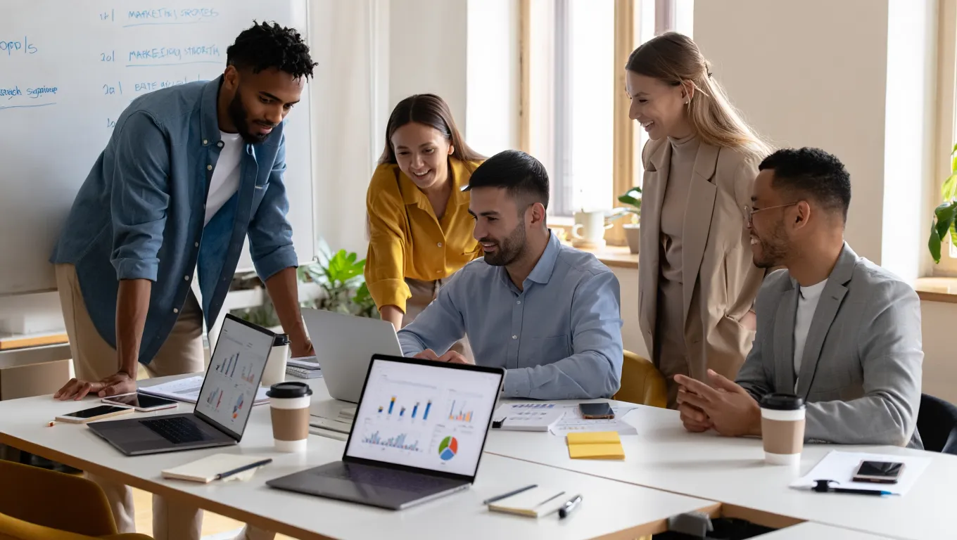 Marketing team analyzing Local Service Ad performance charts and graphs displayed on laptops with whiteboard strategy notes