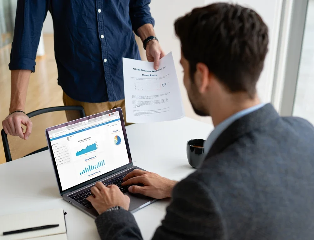 Digital marketing specialists analyzing niche guest post placement opportunities using analytics dashboard and reports