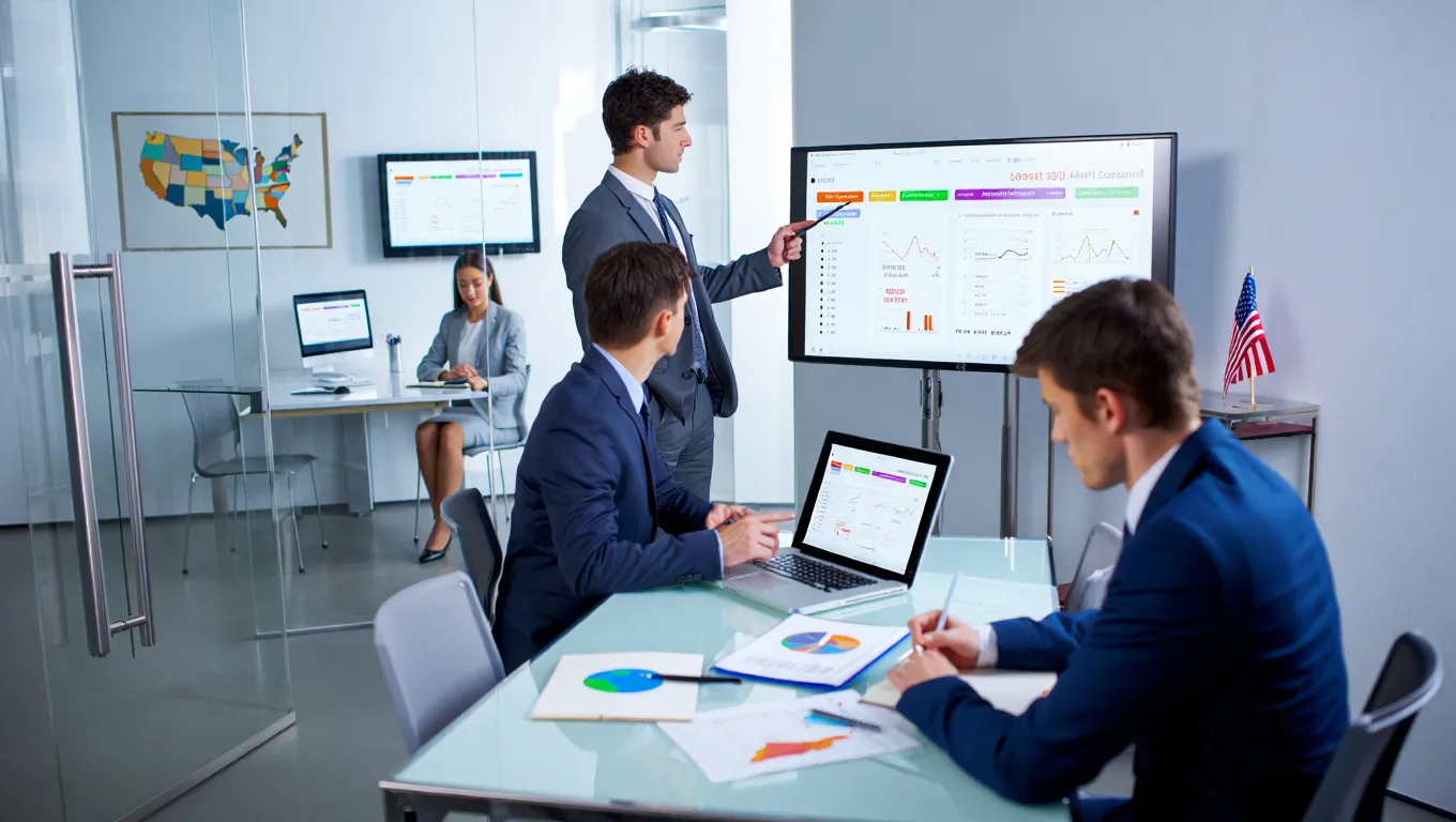 Business team presenting delivered marketing results using analytics dashboard and performance charts in boardroom