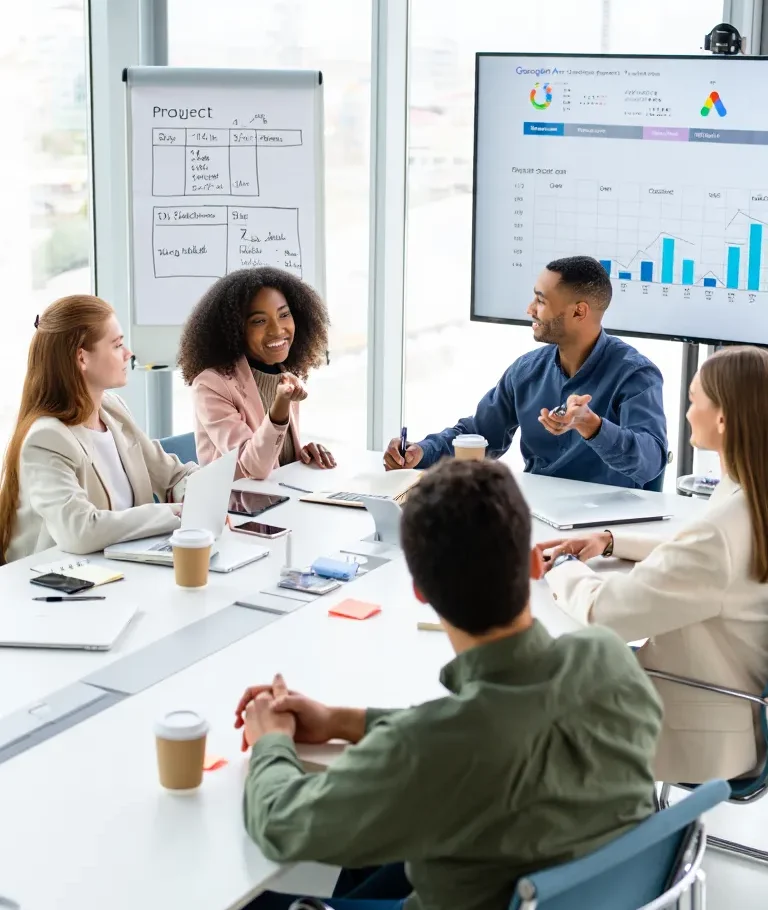 Marketing team analyzing Google Ads performance data on monitors during strategy meeting with construction campaign metrics