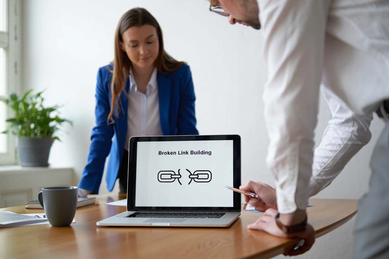 SEO consultants examining broken link building presentation on laptop with broken chain graphic