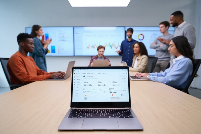 Marketing team reviewing bid optimization dashboard on laptop while analyzing campaign performance data on screens
