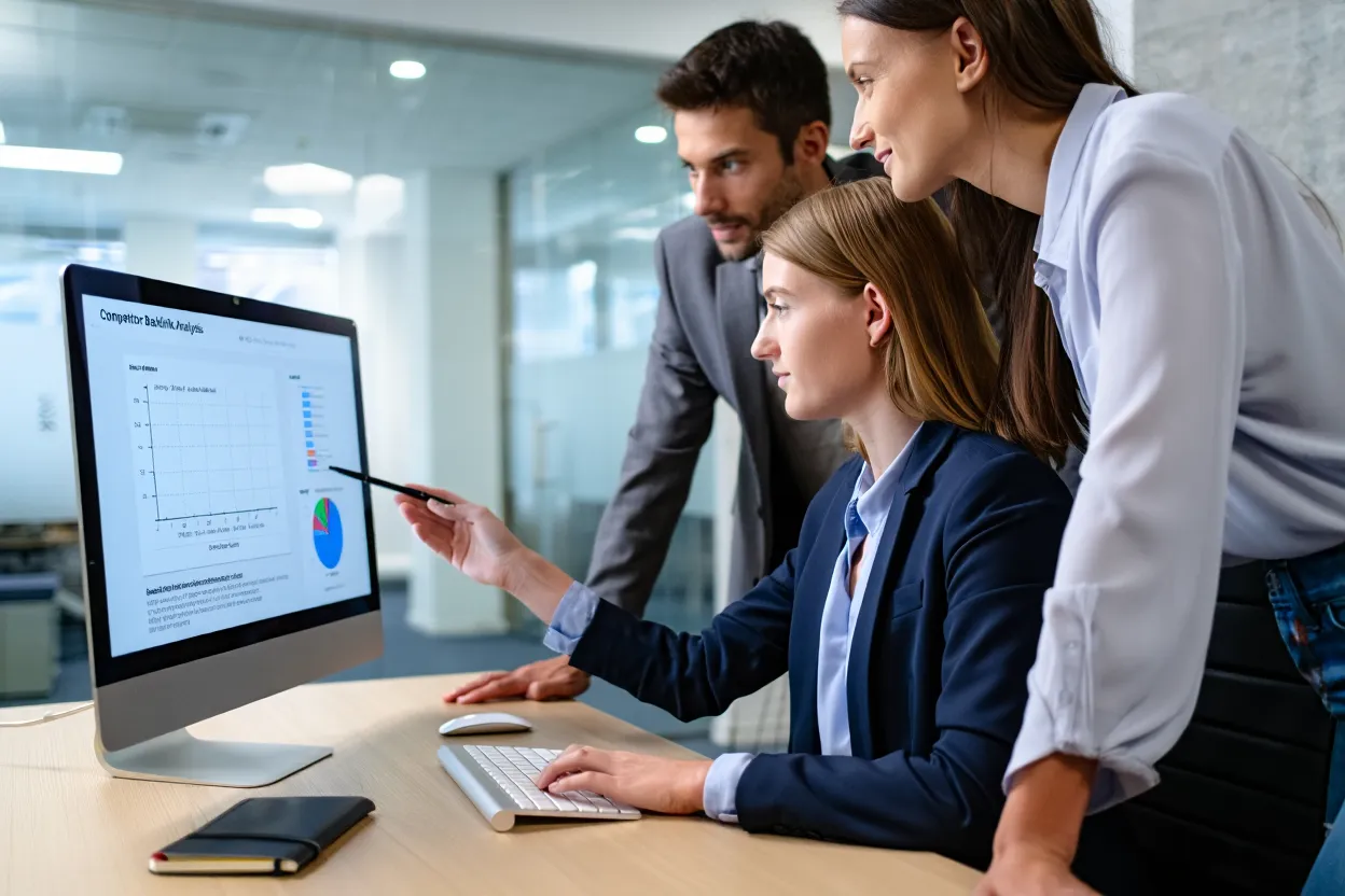 SEO team examining competitor backlink analysis data and charts on desktop monitor