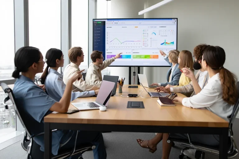 Analytics team presenting conversion tracking dashboard with performance metrics to colleagues in conference room