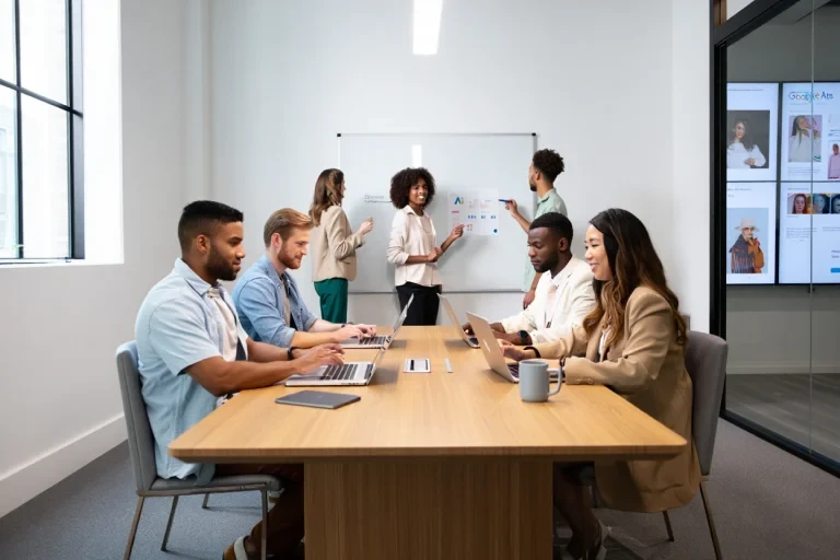 Marketing team presenting Google Ads account setup strategy for clothing brands with fashion imagery displayed