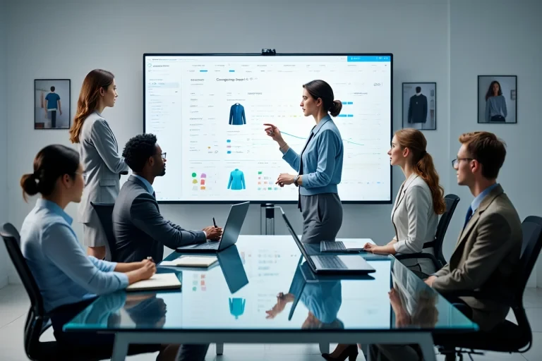 E-commerce team presenting Google Shopping campaign strategy with clothing product displays on large screen