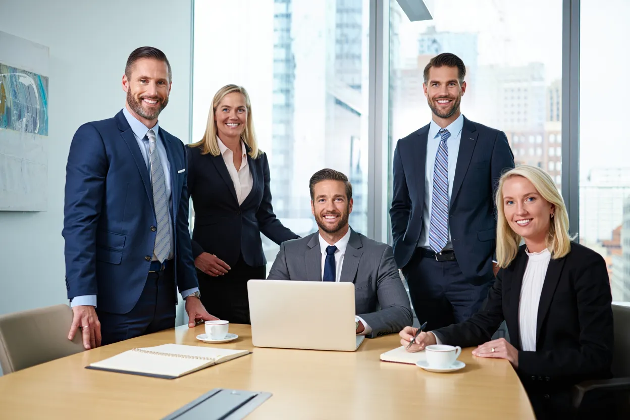 Professional link building team posing confidently in modern office with city skyline backdrop