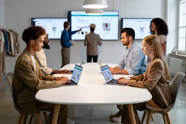 Marketing team analyzing fashion retargeting data on laptops while colleagues present campaign metrics on screens