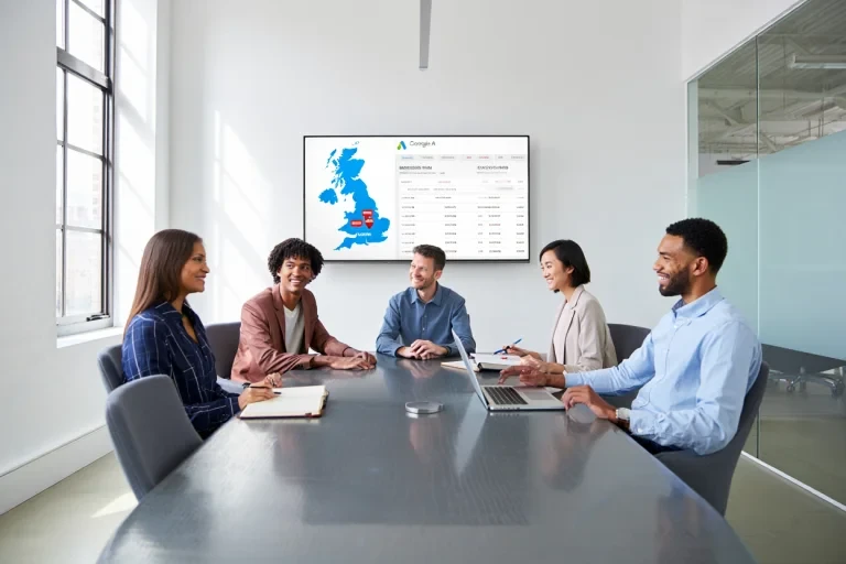 Five marketing professionals analyzing UK location data on conference room display during strategy meeting