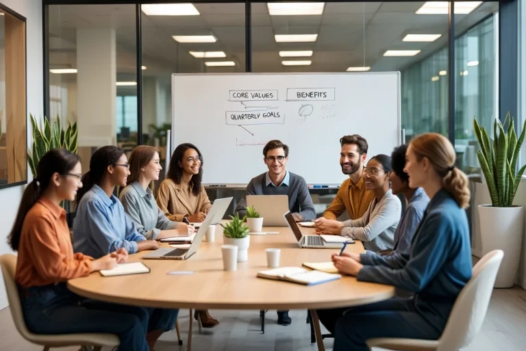 Marketing team discussing core values and benefits strategy for clothing brand campaigns around conference table