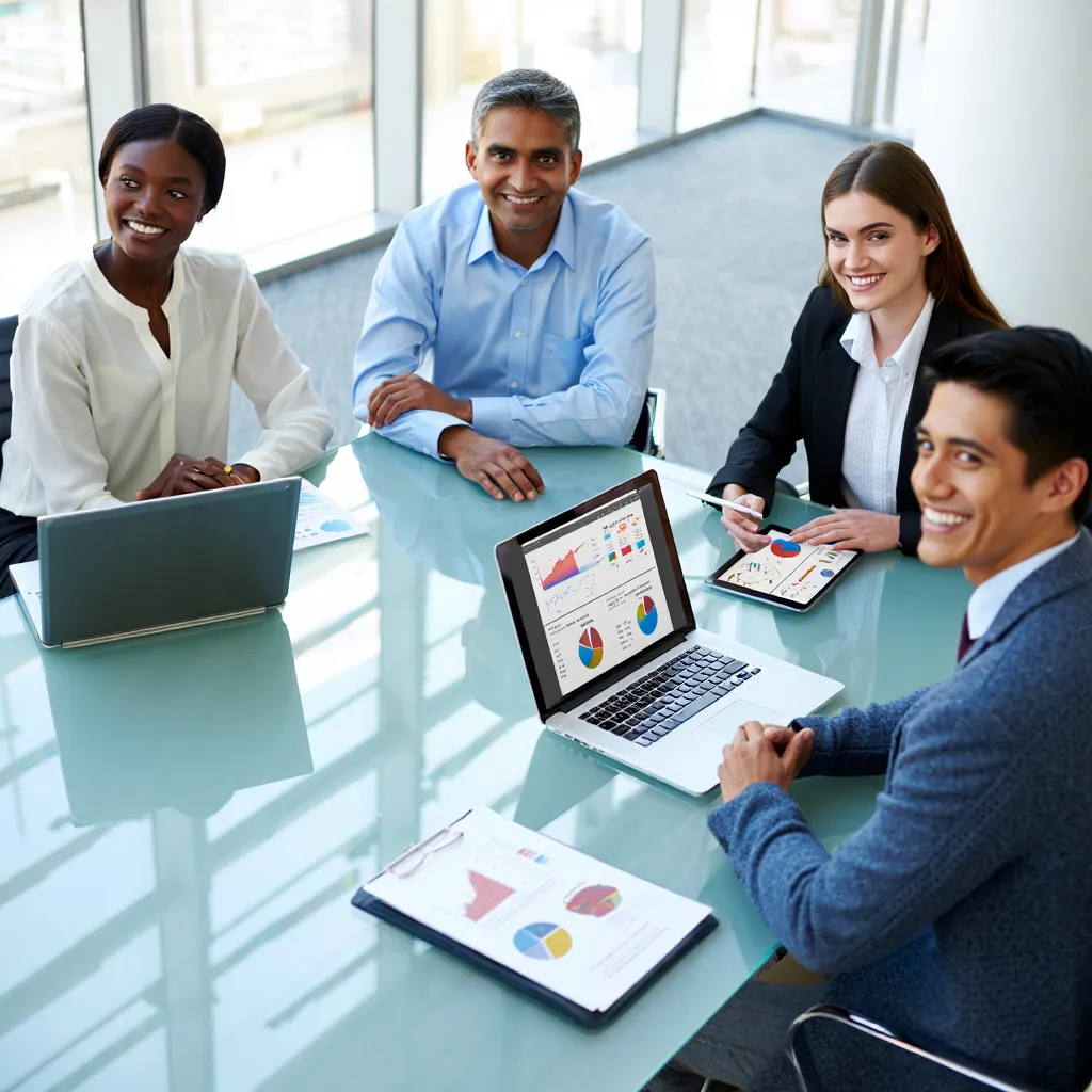 Four professionals reviewing data charts at meeting