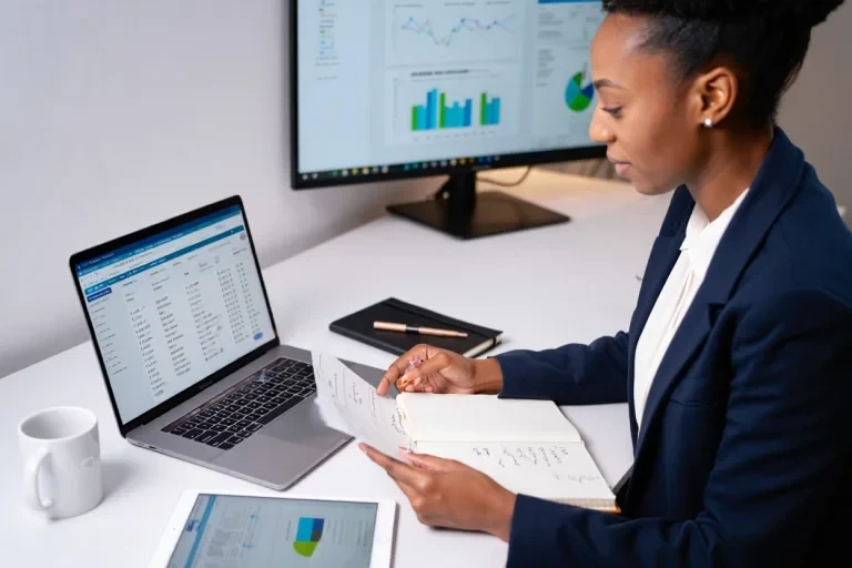 Professional reviewing link data with laptop and notes