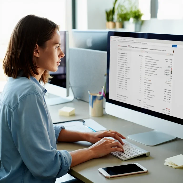 Writer reviewing content spreadsheet on desktop