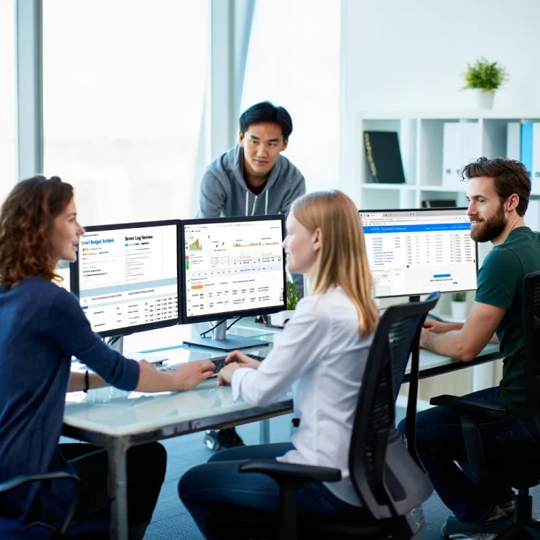 Team reviewing technical data on dual monitors