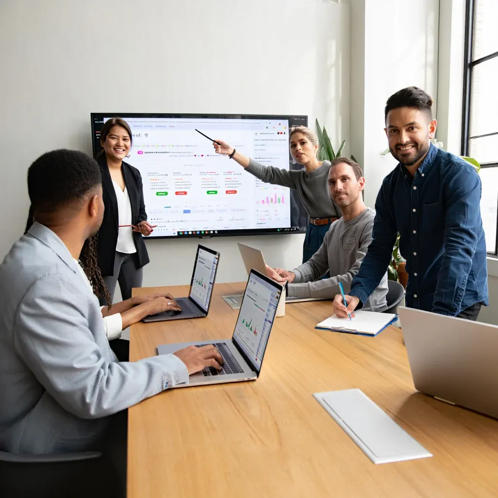 Team presenting analytics on screen to group