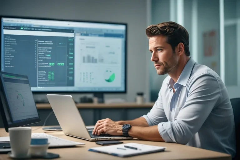 Professional analyzing data dashboards at desk