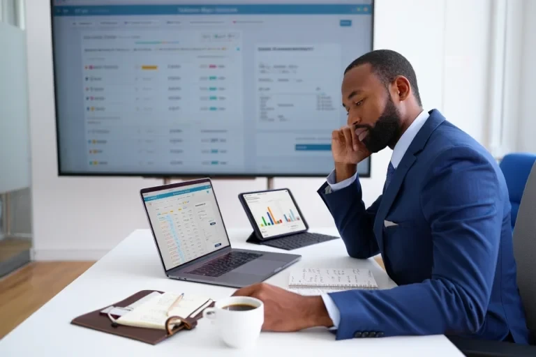 Professional reviewing analytics on laptop and tablet