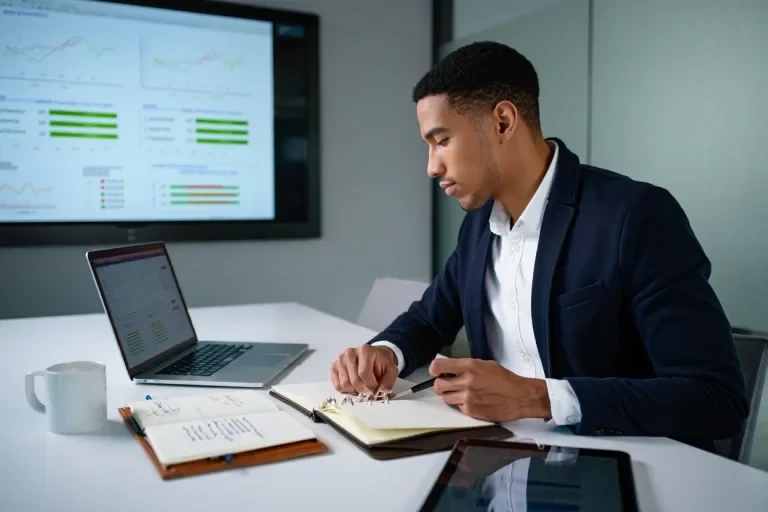 Professional writing notes with laptop and charts