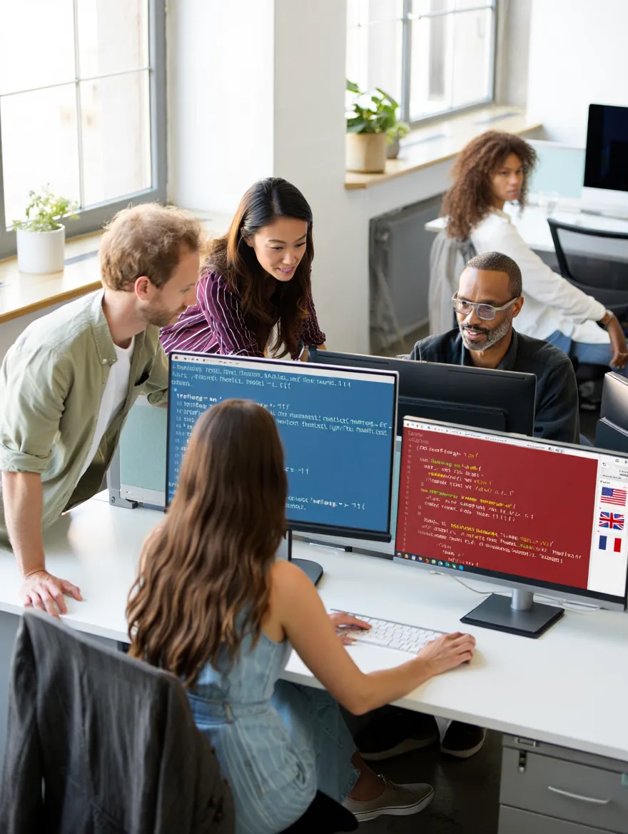 Team reviewing multilingual code on monitors