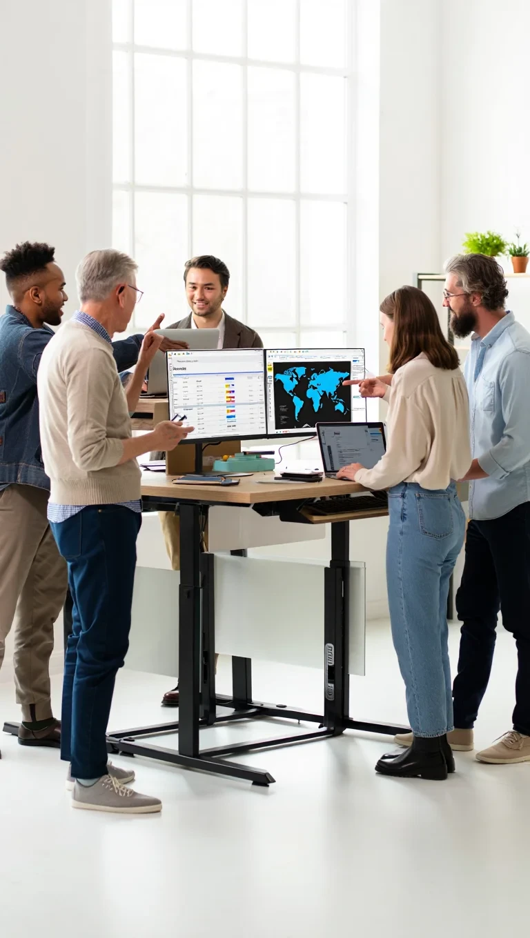 Team discussing global data at standing desk