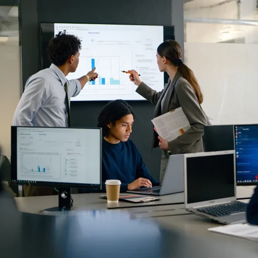 Team analyzing charts on screen and laptop together