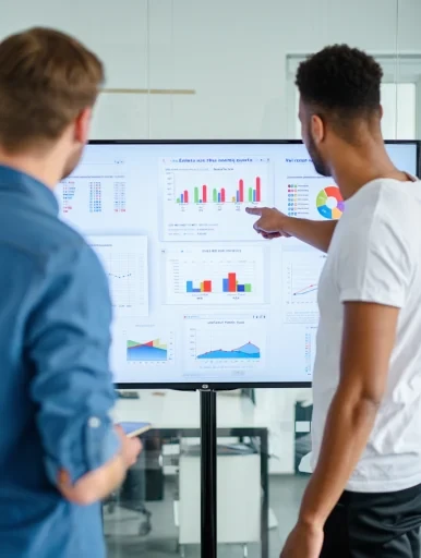 Two professionals reviewing data charts on screen