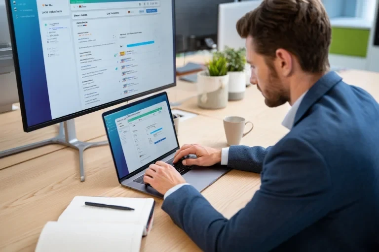 Professional managing citations on laptop and monitor