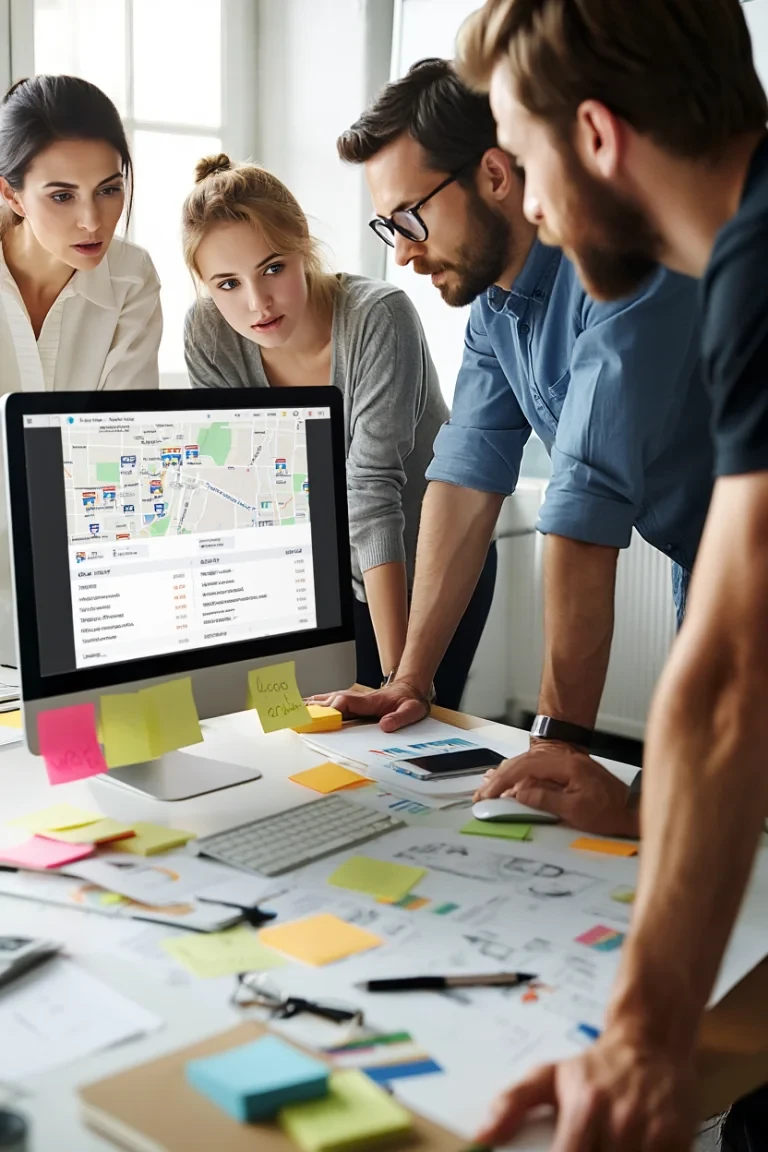 Team reviewing local map data on monitor