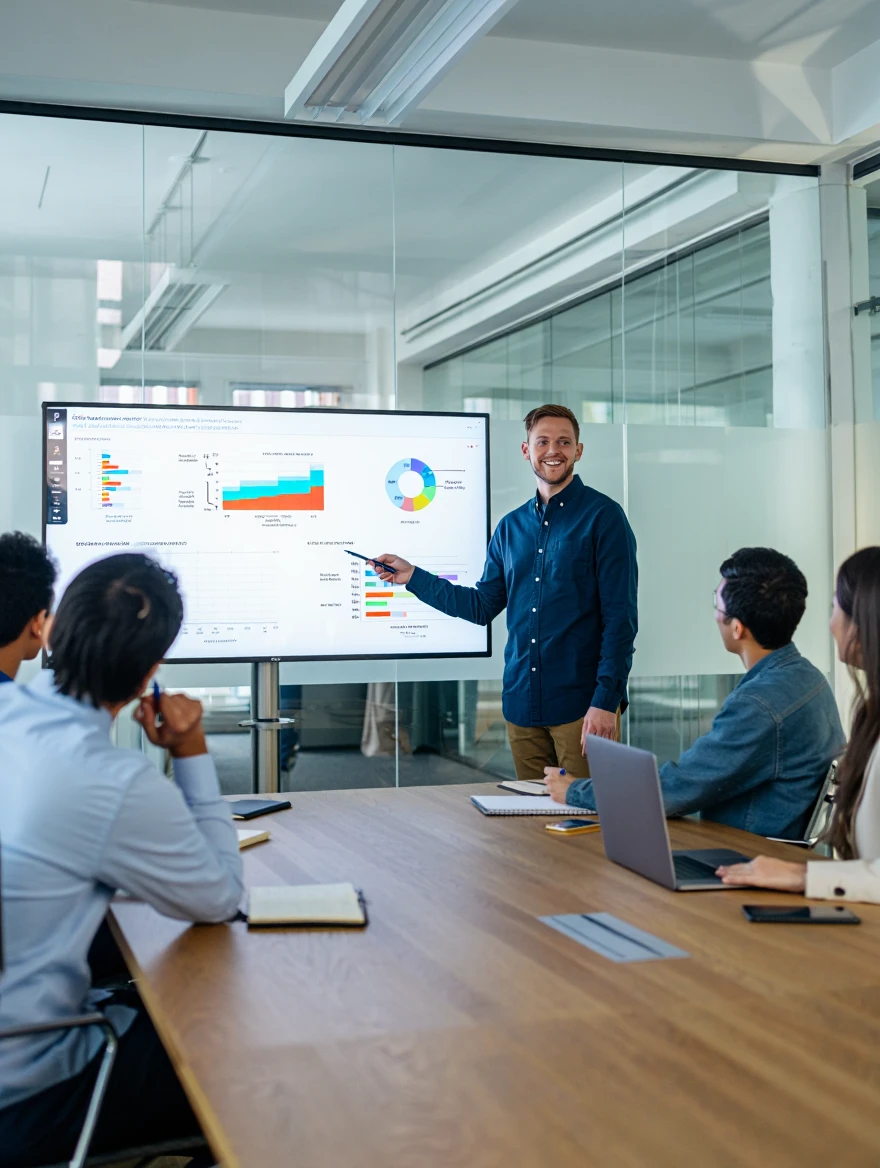 Consultant presenting analytics to boardroom team