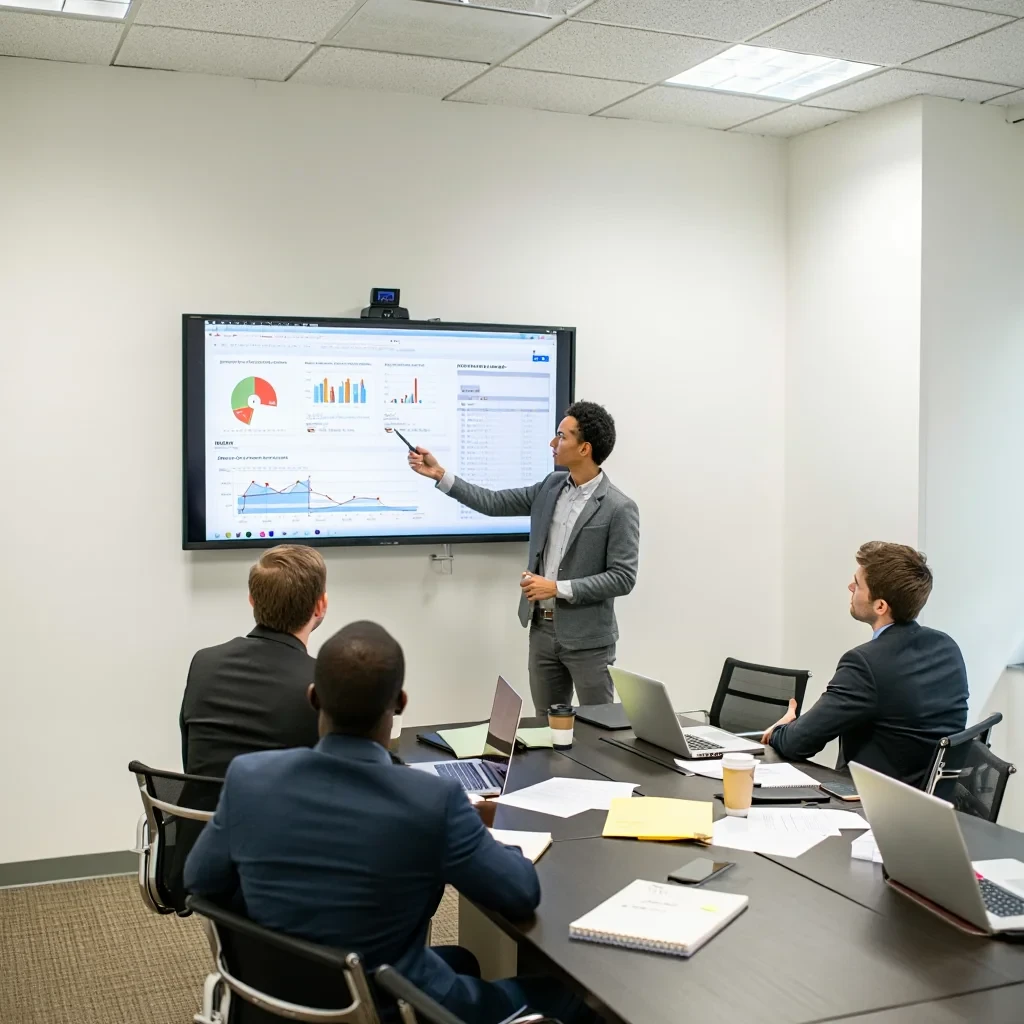 Presenter explaining analytics to boardroom team