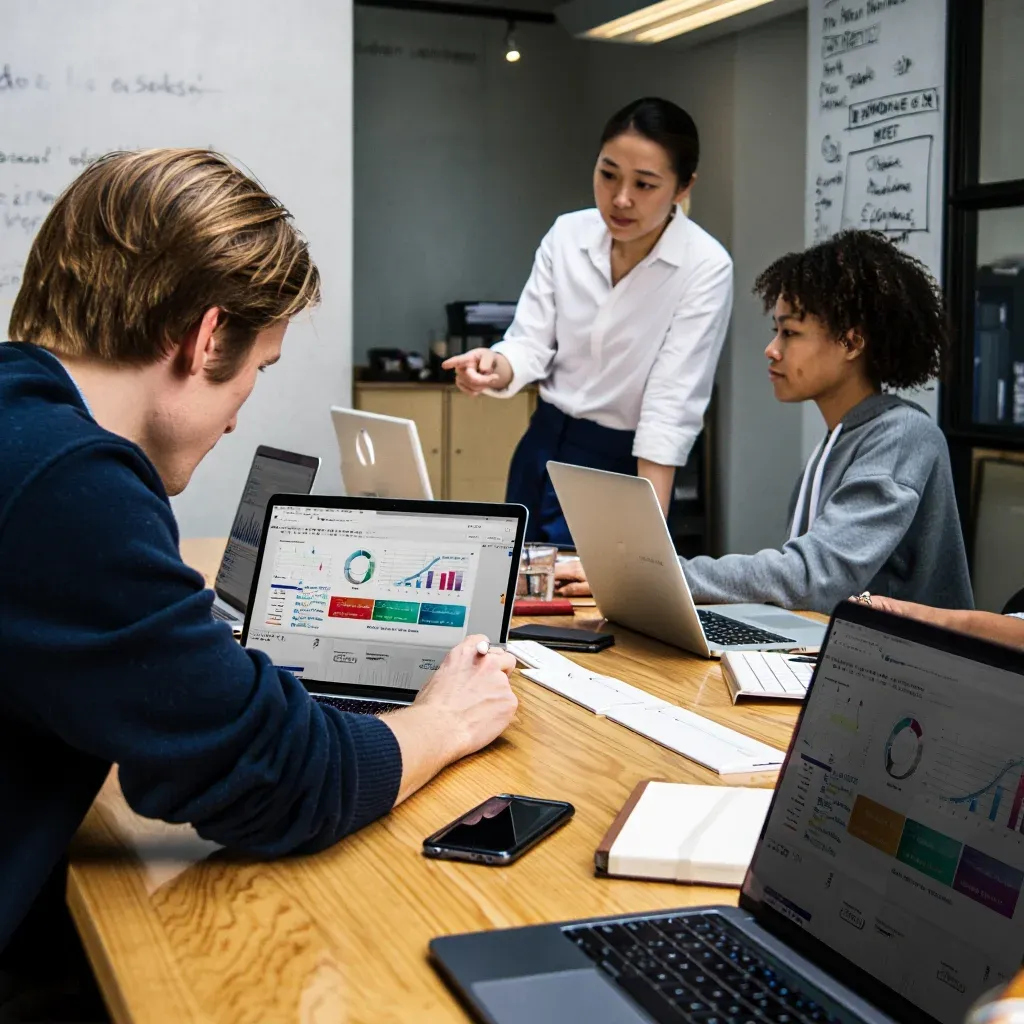 Team discussing analytics dashboards on laptops