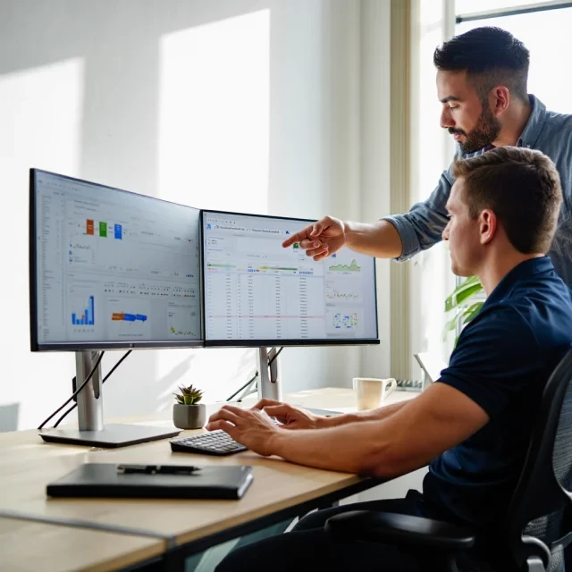 Consultant explaining data on dual monitors