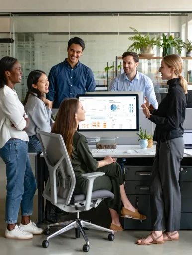 Professional team discussing analytics together